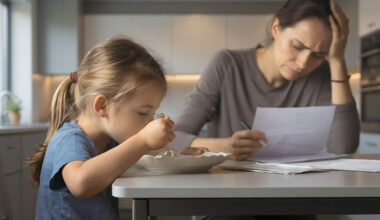 AI generated image of a young mother sitting at a kitchen table looking concerned as she pours over bills. Her young daughter is eating a small portion of food from a white plate next to her at the table.