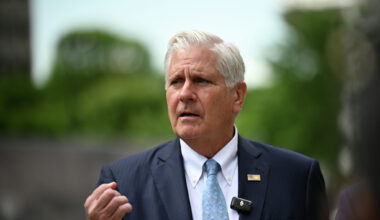 Nassau County Executive and Republican gubernatorial candidate Bruce Blakeman at a news conference outside of the Capitol on Thursday. He praised the appeals court's decision to revive his bid for public campaign matching funds. 