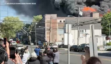 Plumes of smoke fill the air after fire tears through warehouse in Belleville, New Jersey