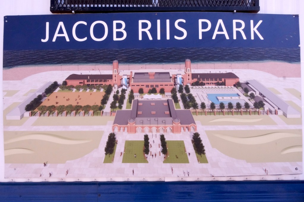 Illustration of the Rockaway Ocean Club featuring the Jacob Riis Bathhouse building, beach, and ocean.