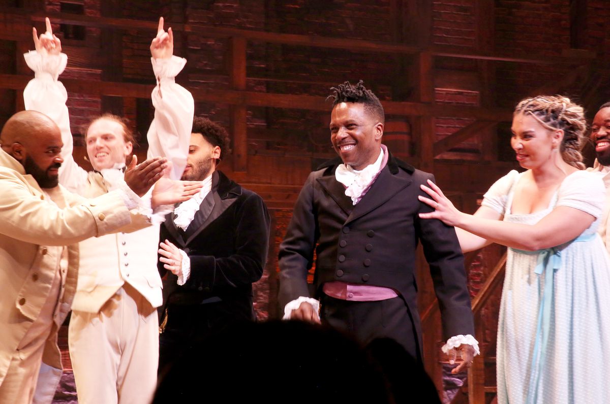 NEW YORK, NEW YORK - SEPTEMBER 9: (L-R) Ebrin R. Stanley, Rixey Terry, Tony Winner Leslie Odom, Jr. as "Aaron Burr", Morgan Anita Wood during the curtain call for the hit musical "Hamilton" on Broadway at The Richard Rogers Theatre on September 9, 2025 in New York City. (Photo by Bruce Glikas/WireImage)