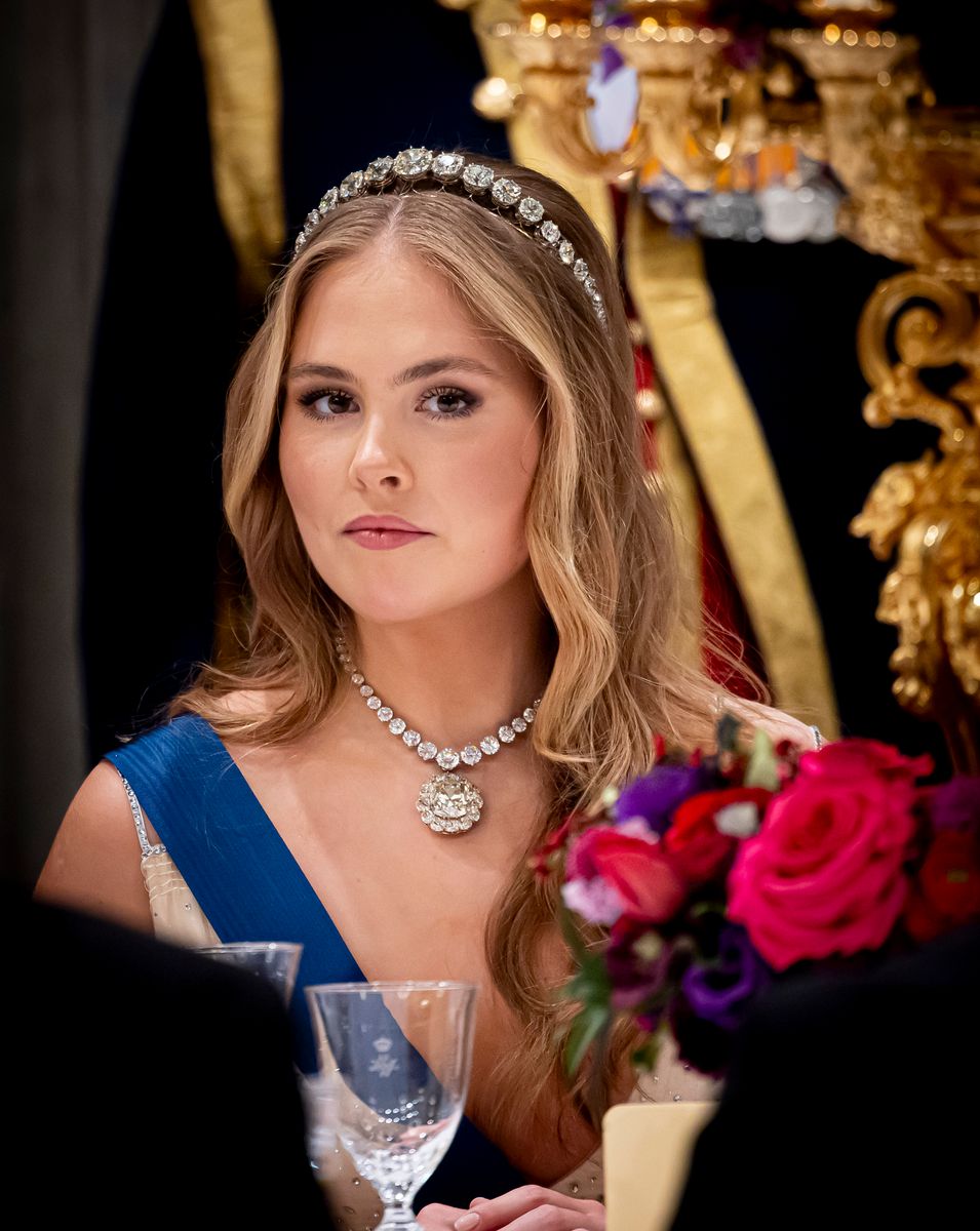 Princess Amalia of The Netherlands attends a state banquet offered to President Alexander Stubb of Finland at the Royal Palace Amsterdam on December 11, 2025 in Amsterdam
