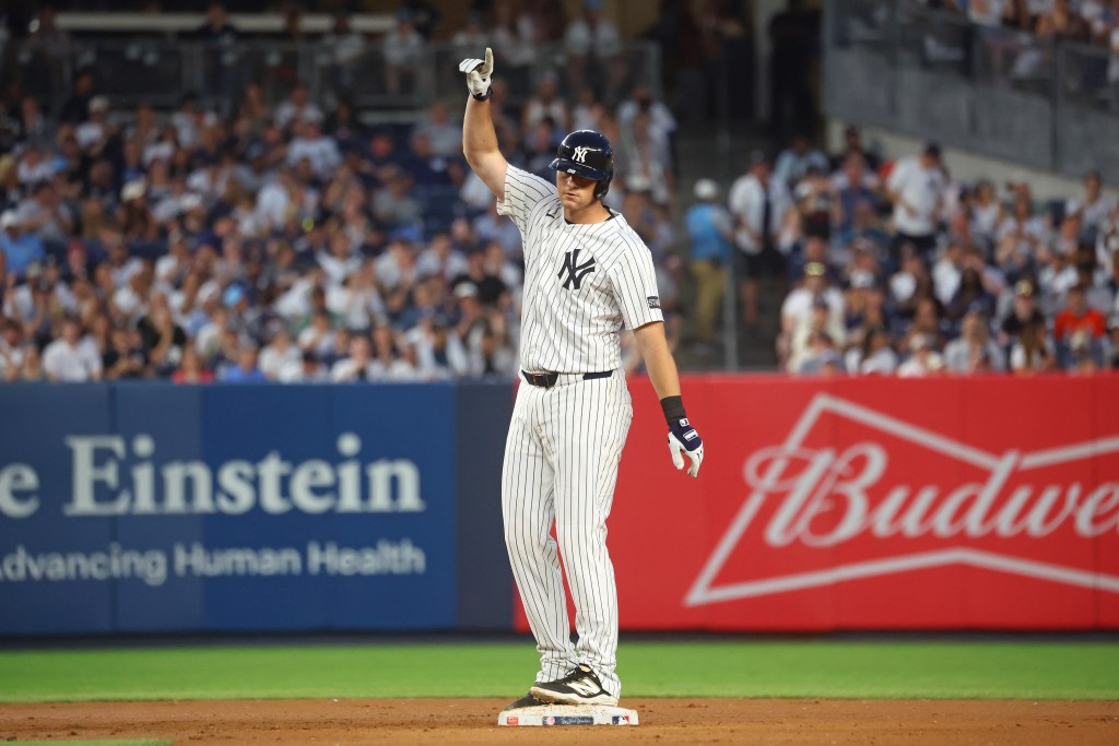 New York Yankees second base DJ LeMahieu (26) doubles during the fourth inning when the New York Yankees played the Baltimore Orioles Friday, June 20, 2025 at Yankee Stadium in the Bronx, NY.