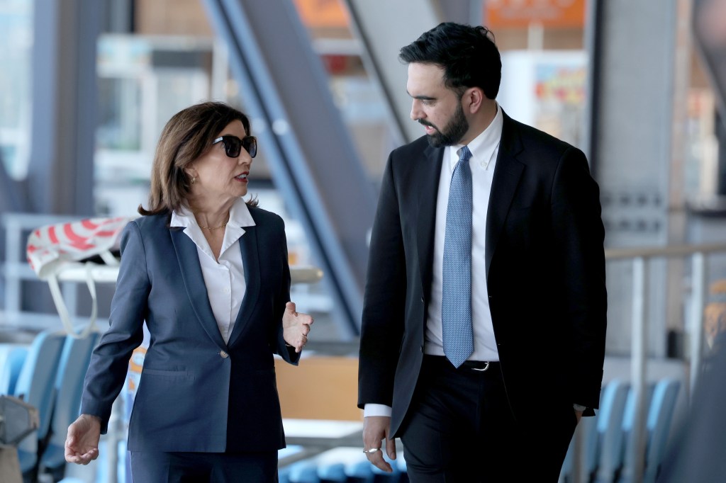 Mayor Zohran Kwame Mamdani and Gov. Kathy Hochul arriving at Staten Island University Hospital Community Park.