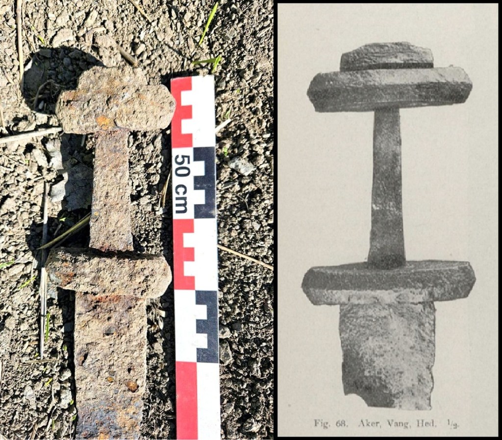 Collage of a 1,300-year-old early Viking Age sword and an illustration of a similar sword.