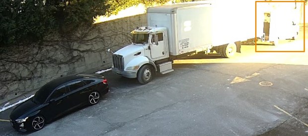 The Accord and the delivery truck were followed to the location by a Home Depotbox truck. As captured by surveillance cameras, the Home Depot truck (orange square) backed up to the rear of the delivery truck, so the cargo sections were aligned. The Apple merchandise was then moved from the delivery truck to the Home Depot truck. (USDOJ)