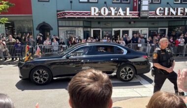 Queen Camilla waves to the crowd along Main Steet in Front Royal, Virginia, on April 30, 2026.