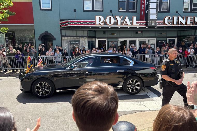 Queen Camilla waves to the crowd along Main Steet in Front Royal, Virginia, on April 30, 2026.