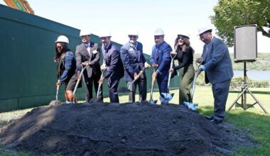 Elected officials and RiverSpring executives gathered for a ceremony May 12 to celebrate the River&rsquo;s Edge groundbreaking.