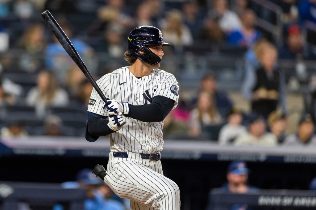 New York Yankees Spencer Jones (78) hits a single in the fifth inning against the Toronto Blue Jays at Yankee Stadium, Thursday, May 21, 2026, in Bronx, NY. 