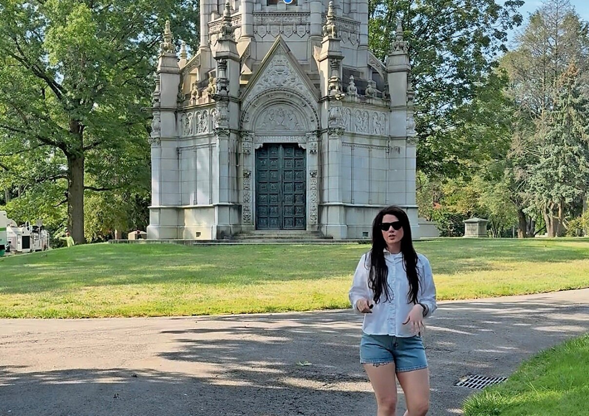 Bronx history influencer Sarah Eccles offered Instagram viewers a tour of Woodlawn Cemetery, highlighting its past and architectural features.
