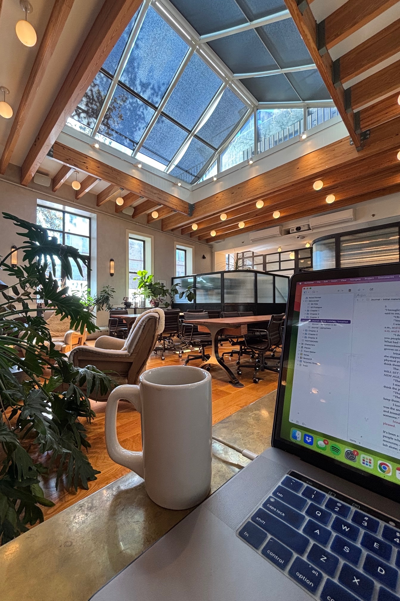 Amanda's workspace. Her laptop is open and she has a mug of tea. She is in a spacious open-concept studio with monstera plants, shared workspaces, and a skylight