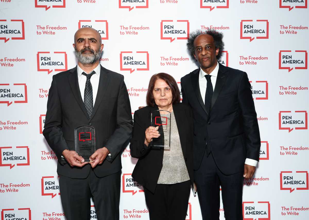 NEW YORK, NEW YORK - MAY 14: (L-R) Amir Ahmadi Arian, Fariba Rad, and Dinaw Mengestu pose backstage during the 2026 PEN America Spring Literary Gala at American Museum of Natural History on May 14, 2026 in New York City.