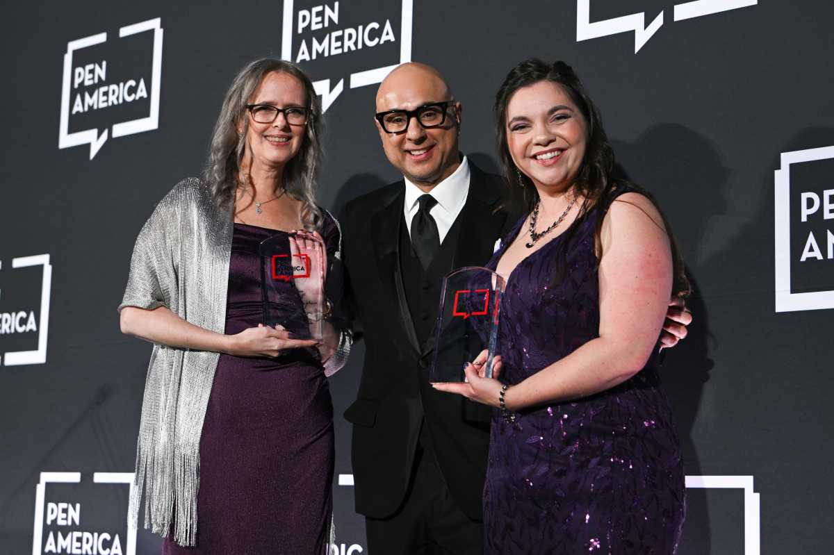 NEW YORK, NEW YORK - MAY 14: (L-R) Keri Lambert, Ali Velshi, and Tatiana Silvas pose onstage during the 2026 PEN America Spring Literary Gala at American Museum of Natural History on May 14, 2026 in New York City.