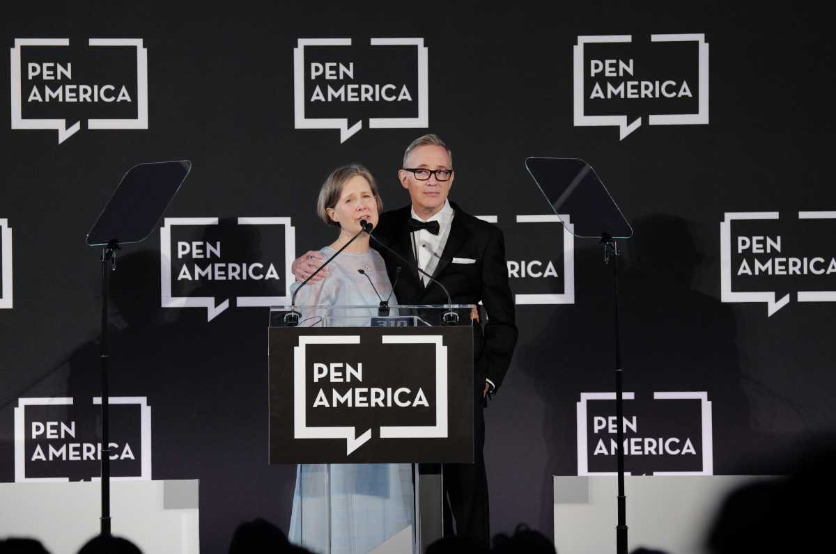 NEW YORK, NEW YORK - MAY 14: (L-R) Ann Patchett and Patrick Ryan speak onstage during the 2026 PEN America Spring Literary Gala at American Museum of Natural History on May 14, 2026 in New York City. 