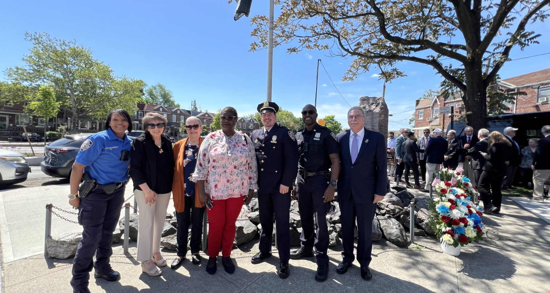From left: NYPD 63rd Precinct Detective Tricia Navarro-Caraballo, CB18 District Manager Sue Ann Partnow, FCA member Nancy Walby, Sen. Roxanne Persaud, NYPD Capt. James Tomasulo, NYPD 63rd Precinct Crime Prevention Officer Ainsley Carter and FCA President Tomas Hernandez Jr. Photo: Loretta Chin/Brooklyn Eagle