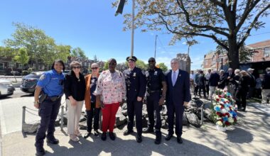 From left: NYPD 63rd Precinct Detective Tricia Navarro-Caraballo, CB18 District Manager Sue Ann Partnow, FCA member Nancy Walby, Sen. Roxanne Persaud, NYPD Capt. James Tomasulo, NYPD 63rd Precinct Crime Prevention Officer Ainsley Carter and FCA President Tomas Hernandez Jr. Photo: Loretta Chin/Brooklyn Eagle