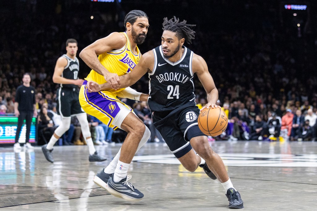 Cam Thomas of the Brooklyn Nets drives to the basket against the Los Angeles Lakers.