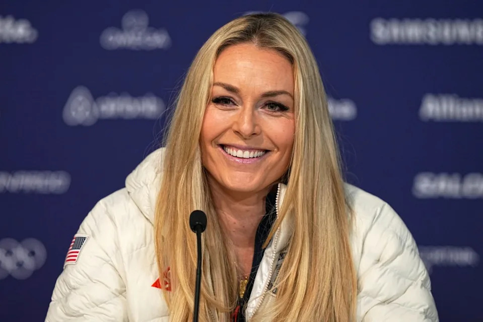 Vonn (seen here at a press conference in February) continues to recover after she shattered her tibia, fibula and ankle in her crash, undergoing five surgeries and nearly losing her left leg in the incident. AP