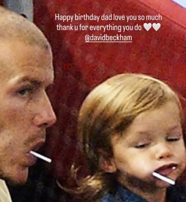 The former soccer pro was showered with love from his other three kids and his wife, Victoria Beckham. (Pictured: Romeo Beckham with his dad.) Instagram/romeobeckham
