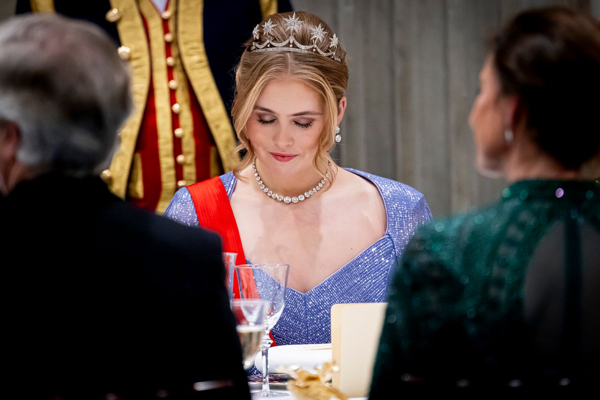 Princess Amalia of The Netherlands attends the state banquet in honor of President Marcelo Rebelo de Sousa of Portugal at the Royal Palace on December 10, 2024 in Amsterdam