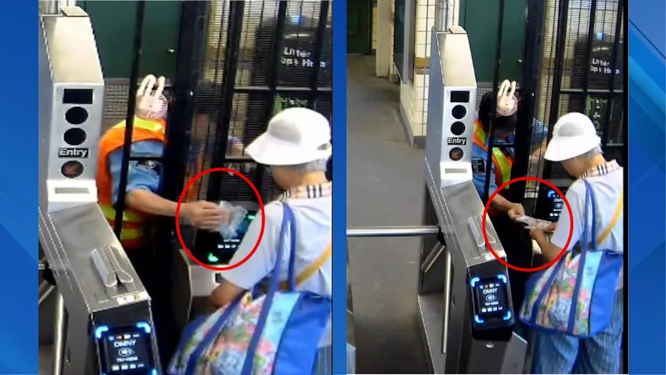 The guard was caught on video exchanging cash for swipes at the Brooklyn subway station in July 2025, officials said. (Credit: MTA Inspector General’s Office)