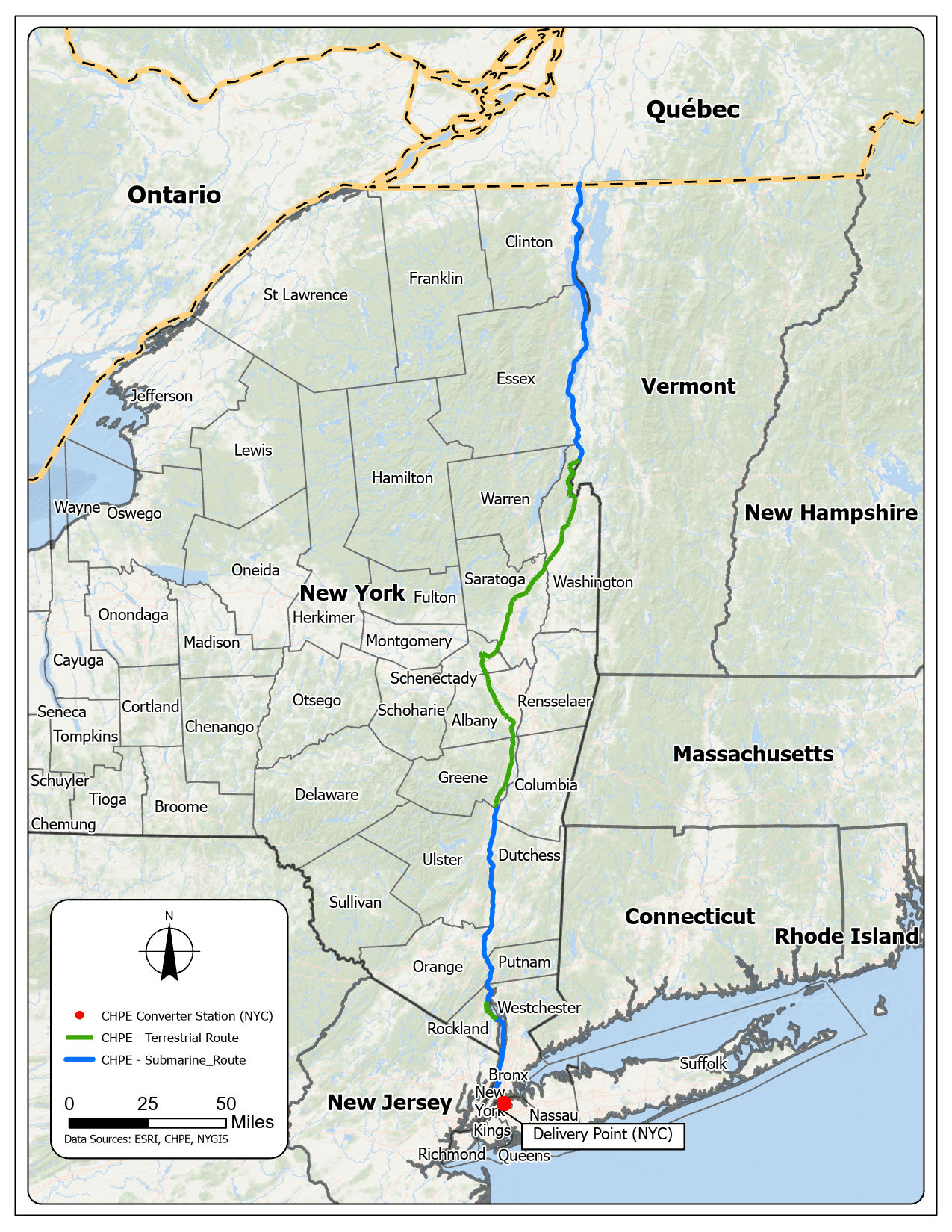 A map showing the route of a powerline from the Canadian border down to New York City.