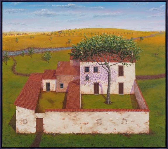 A pastoral scene with a white house, red roof, tree, and expansive green fields under a blue sky.