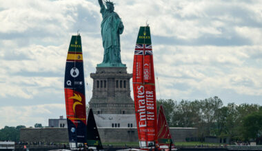 High-Speed Sailboats Race Past the New York Skyline
