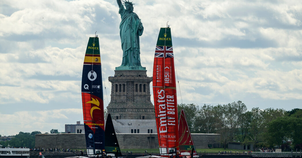 High-Speed Sailboats Race Past the New York Skyline