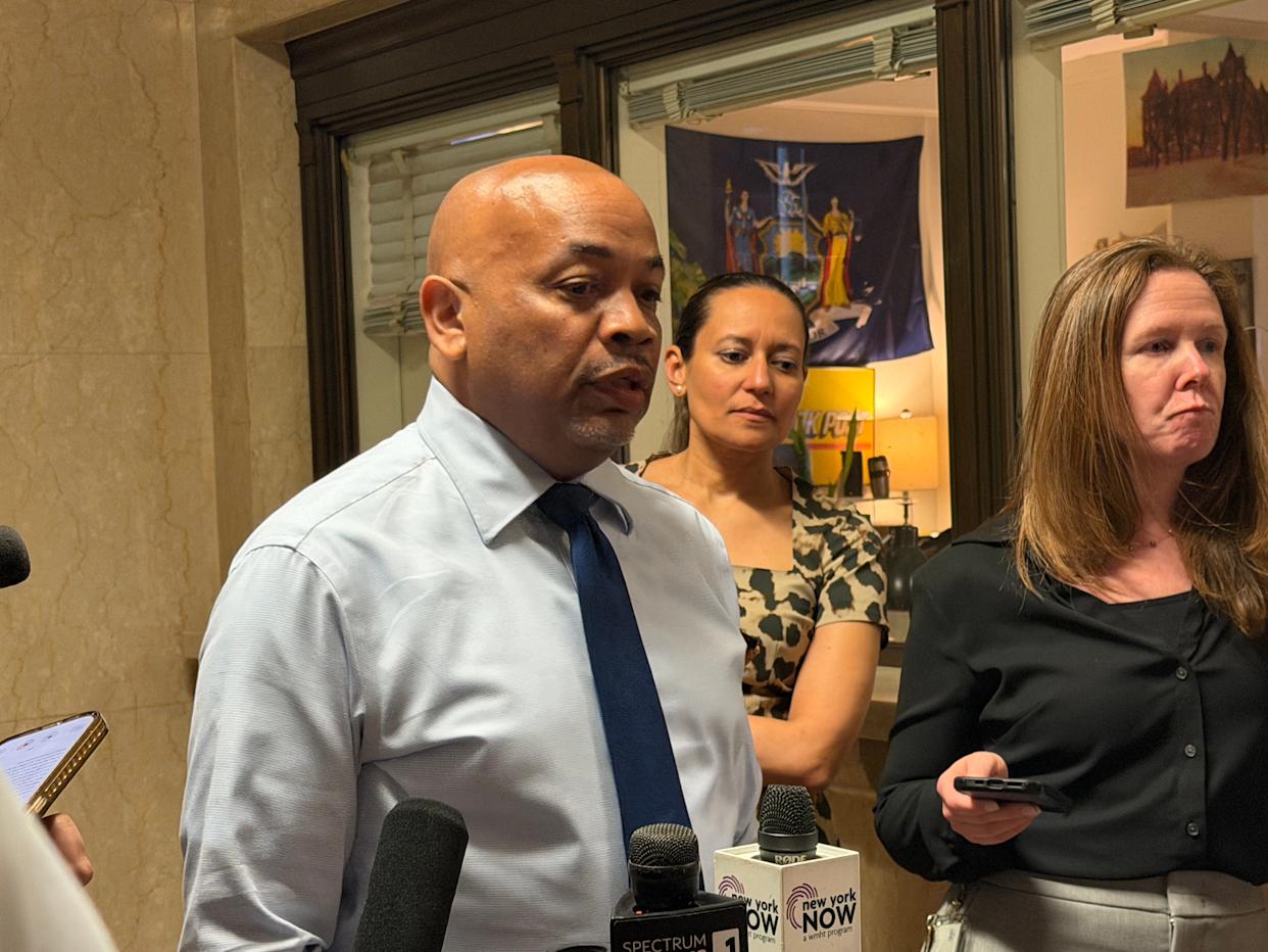 Assembly Speaker Carl Heastie speaks with reporters in the New York State Capitol on Wednesday, April 22, 2026.