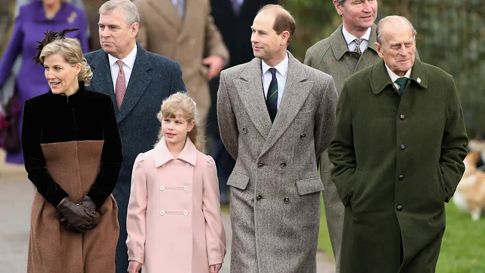 Duchess Sophie, Andrew, Lady Louise, Prince Edward and Prince Philip attend the traditional Christmas Day church service on December 25, 2012