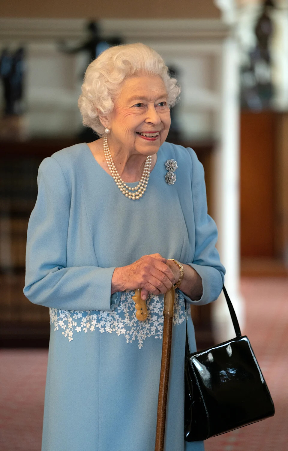 Queen Elizabeth II during a reception in the Ballroom of Sandringham House, which is the Queen's Norfolk residence, with representatives from local community groups to celebrate the start of the Platinum Jubilee. Picture date: Saturday February 5, 2022.