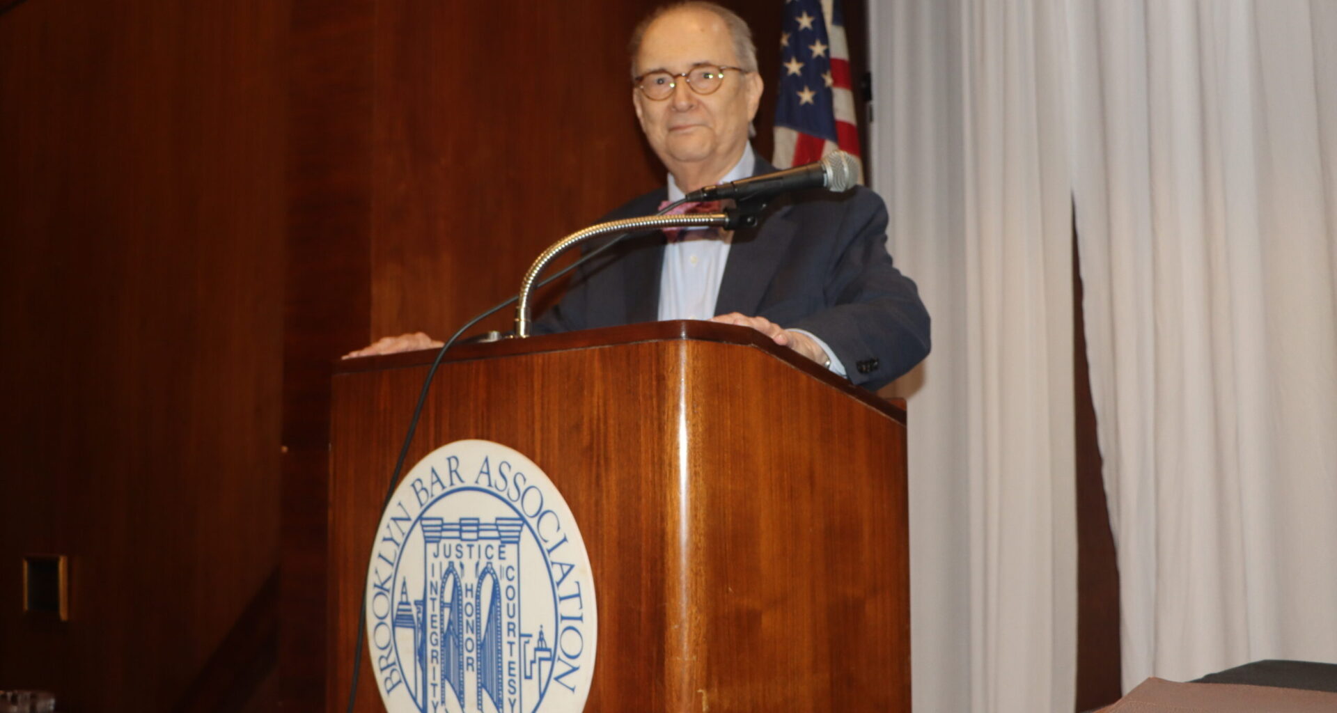 Hon. Barry Kamins at the podium. Photo: Mario Belluomo/Brooklyn Eagle