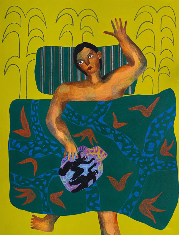 Colorful abstract painting of a person in bed raising their hand, vibrant patterns on blanket and green background.