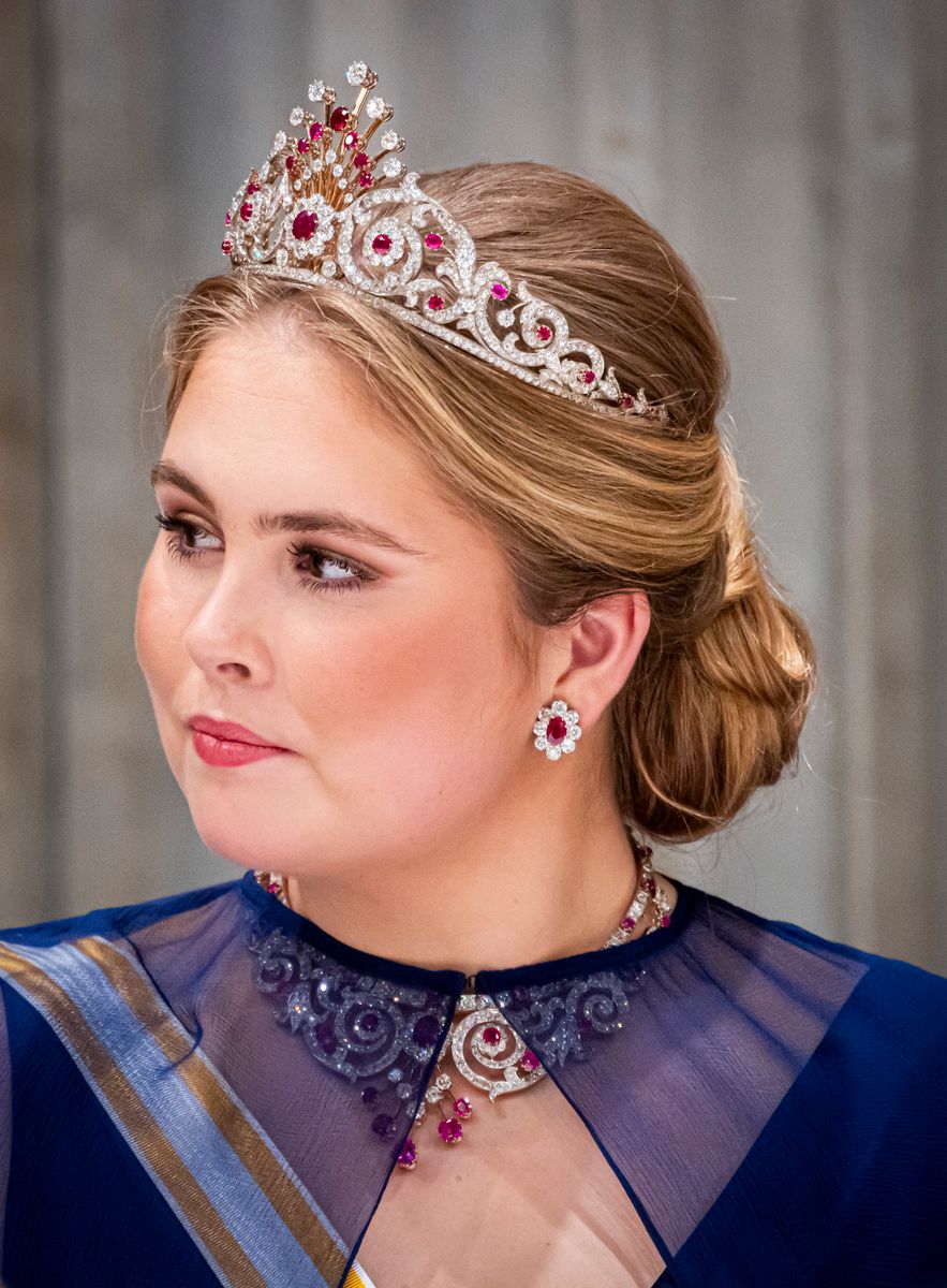 Princess Amalia of The Netherlands at the state banquet for the Spanish Royal couple  at the Royal Palace on April 17, 2024 in Amsterdam