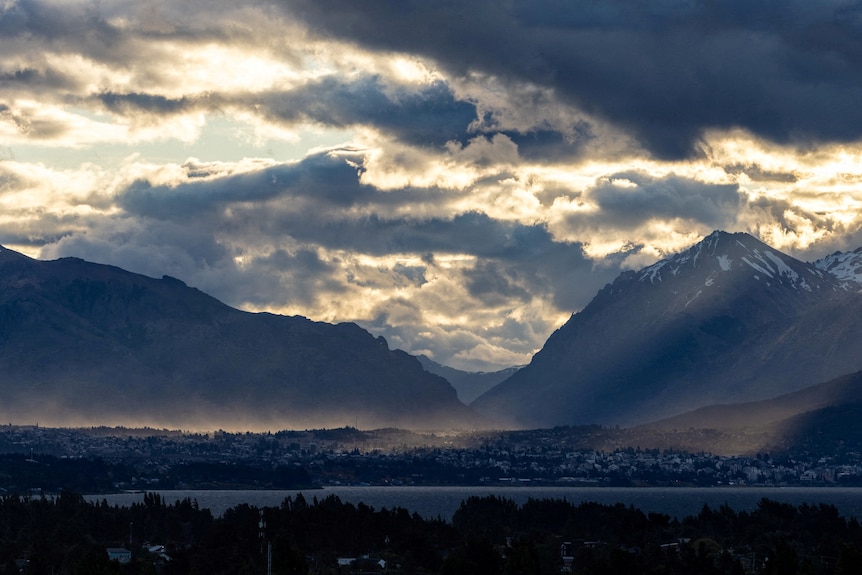 A mountain range at sunset.