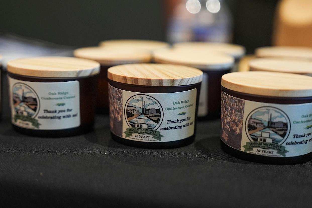 Candles made by the Oak Ridge High School business marketing and management students for guests during the 10th anniversary ceremony of the Manhattan Project National Historical Park at the Oak Ridge Conference Center on April 30, 2026.