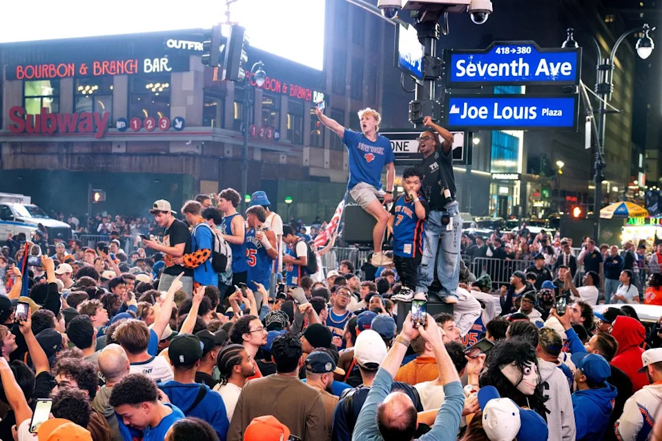 Six Knicks fans were issued summonses for disorderly conduct when cops caught them stirring up mayhem outside Madison Square Garden following the team’s historic sweep, authorities said. Aristide Economopoulos for NY Post