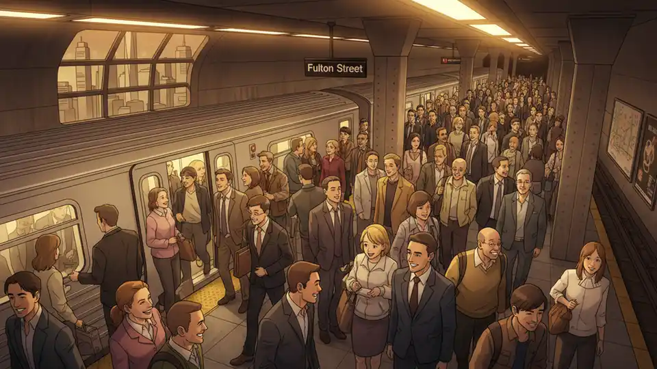 Elevated view of crowded subway platform in Lower Manhattan during evening rush hour with commuters boarding train, mix of business and casual attire, warm interior lighting, documentary photography style