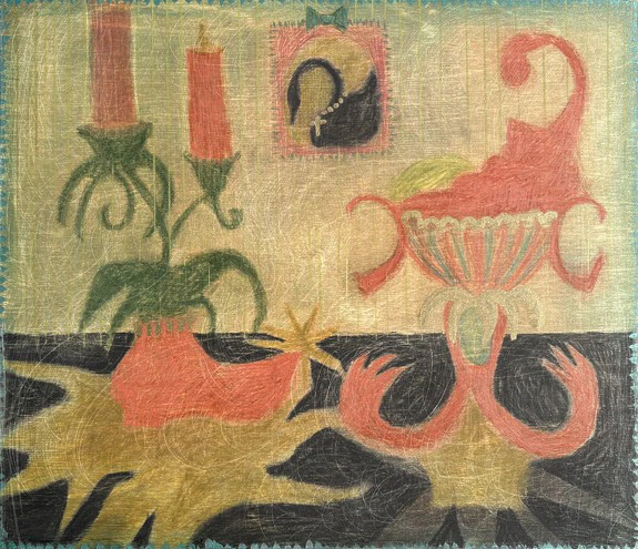 Colorful abstract art with red candles, a plant, and a decorative bowl on a textured surface.