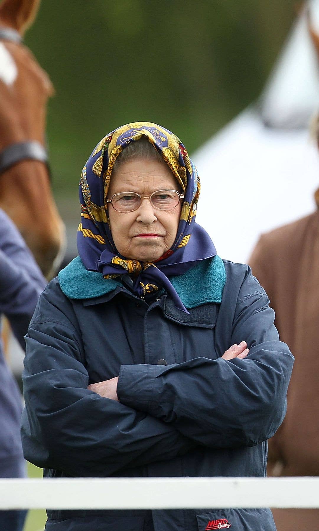 The Queen looking grumpy as she watches a chestnut-coloured horse
