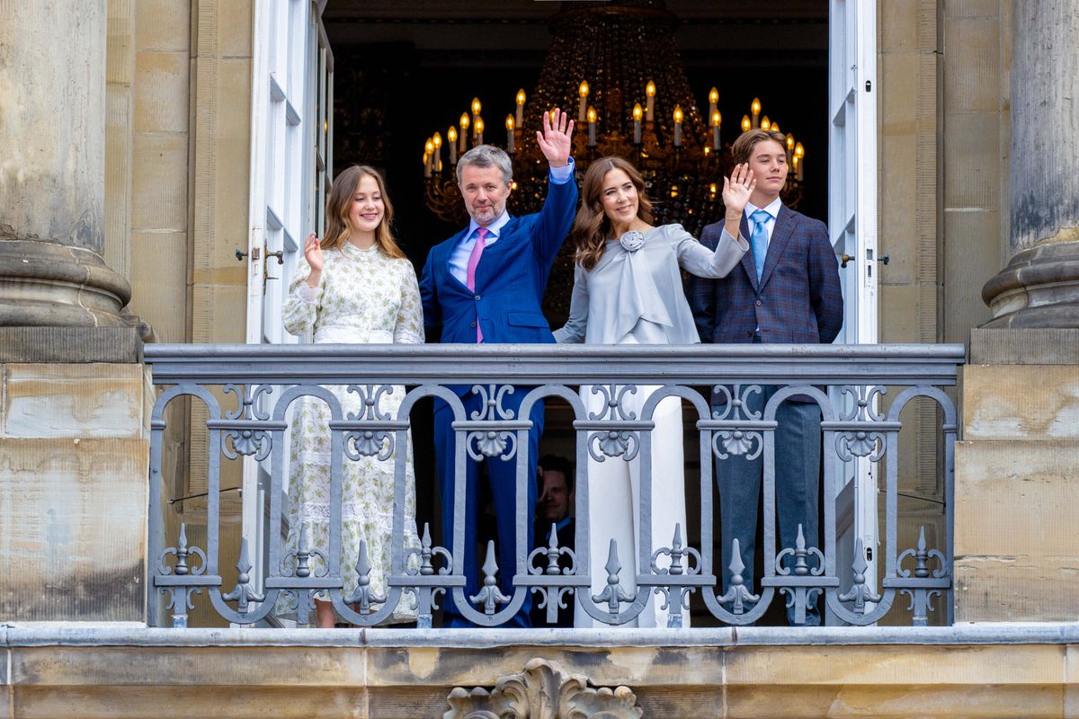 The Danish royal family coordinates polished springtime looks for the traditional birthday balcony appearance at Amalienborg Palace.