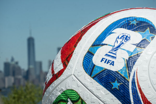 A soccer ball in front of the Lower Manhattan skyline. Photo: Michael Appleton/Mayoral Photography Office