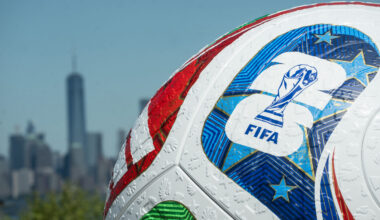 A soccer ball in front of the Lower Manhattan skyline. Photo: Michael Appleton/Mayoral Photography Office