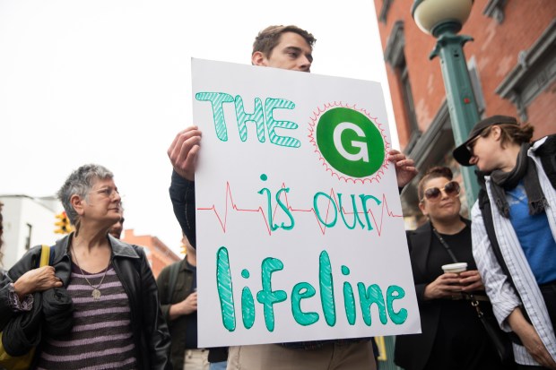 People in Greenpoint, Brooklyn rally against proposed G train subway shutdowns on Tuesday, April 28, 2026. (John McCarten / NYC Council Media Unit)