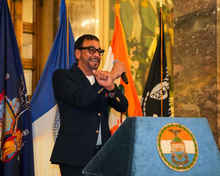 Restauranteur Jimmy Rodriguez gives a speech accepting his induction into the Bronx Walk of Fame.