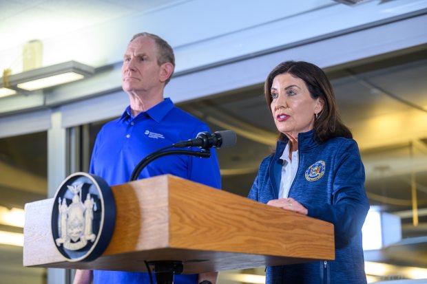 Gov. Kathy Hochul and MTA Chairman Janno Lieber speak to the media about the LIRR strike on Sunday.