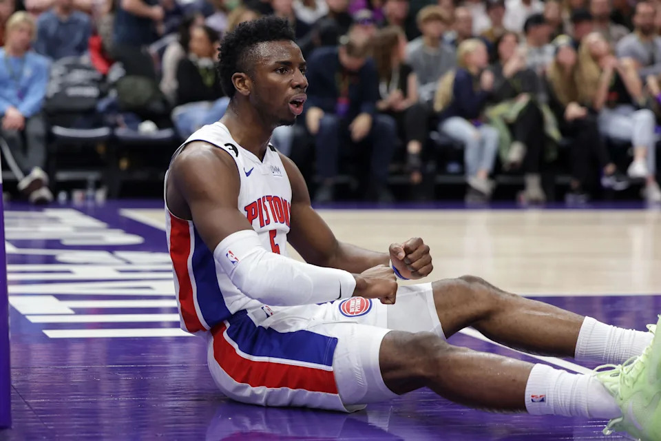 Nov 23, 2022; Salt Lake City, Utah, USA; Detroit Pistons guard Hamidou Diallo (6) sits on the floor after being fouled against the Utah Jazz during the second quarter at Vivint Arena. Mandatory Credit: Chris Nicoll-USA TODAY Sports