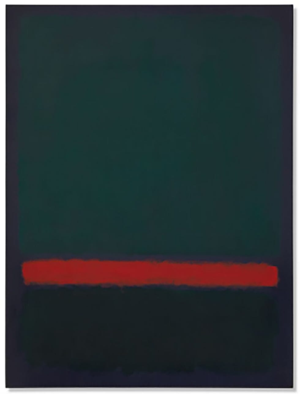 Abstract artwork featuring dark hues with a horizontal red stripe.